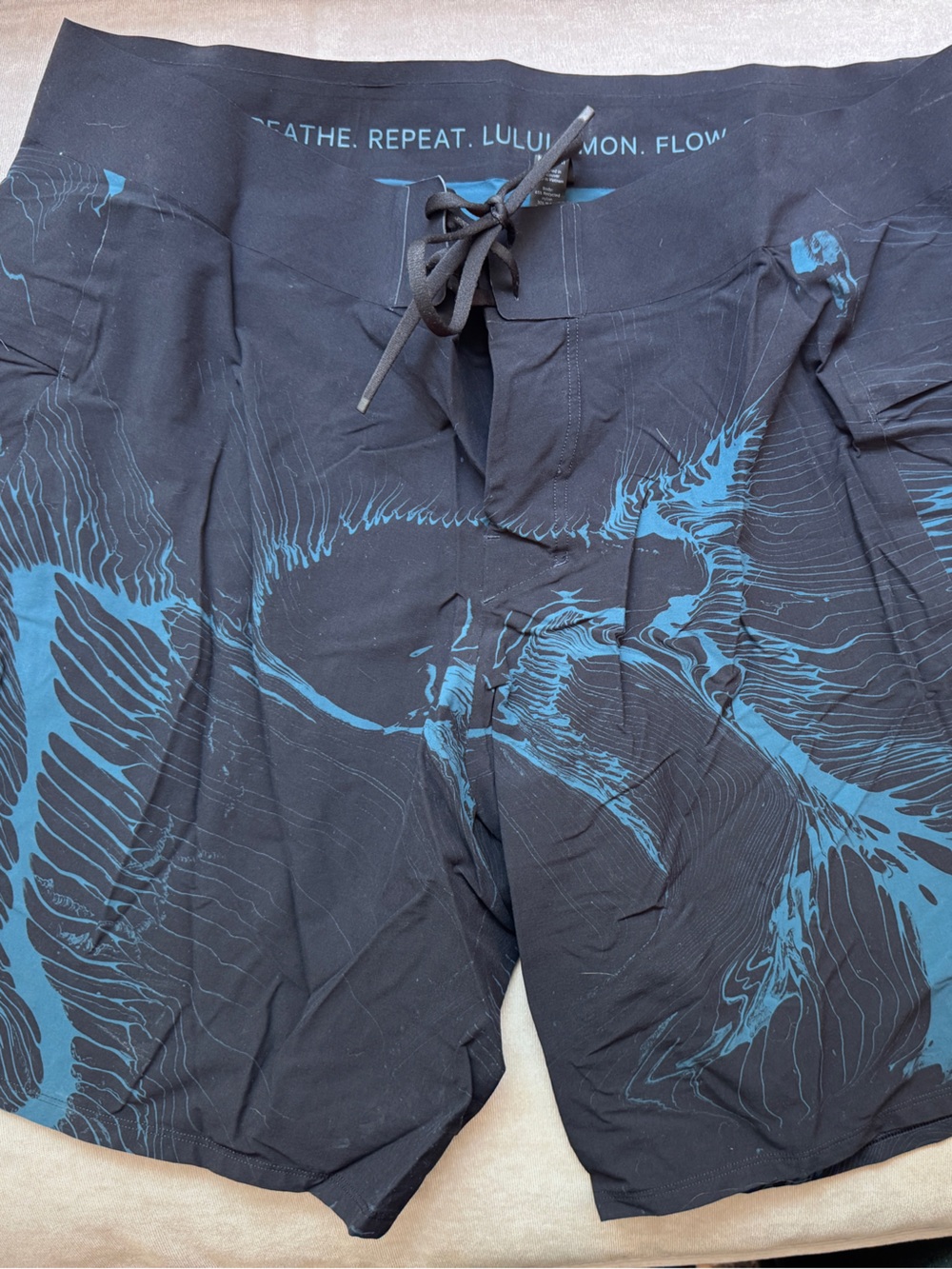 lululemon athletica Men’s Black Swim Board Shorts with Blue Graphic